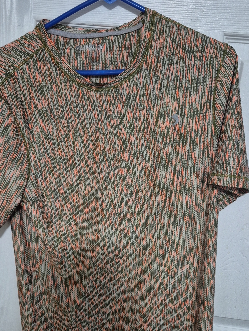 Reel Legends Heathered Crew Performance Tee in Olive & Coral